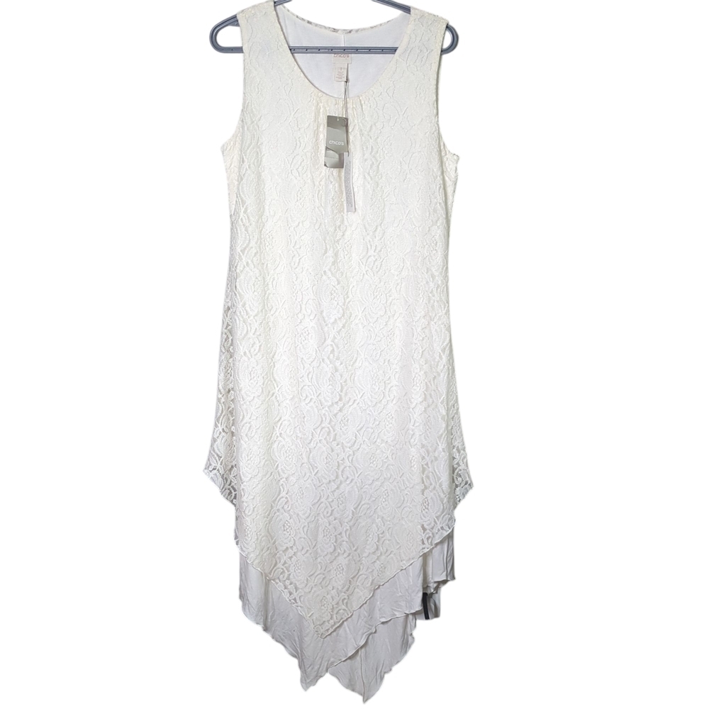 NWT Chico's Lovely Lace Angled-Hem‎ Dress Ecru Size 1 (M or 8)